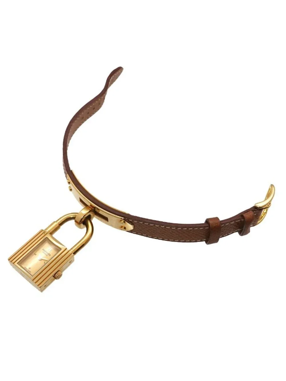 Hermes Kelly Watch Vintage Gold Brown Quartz Cadena
